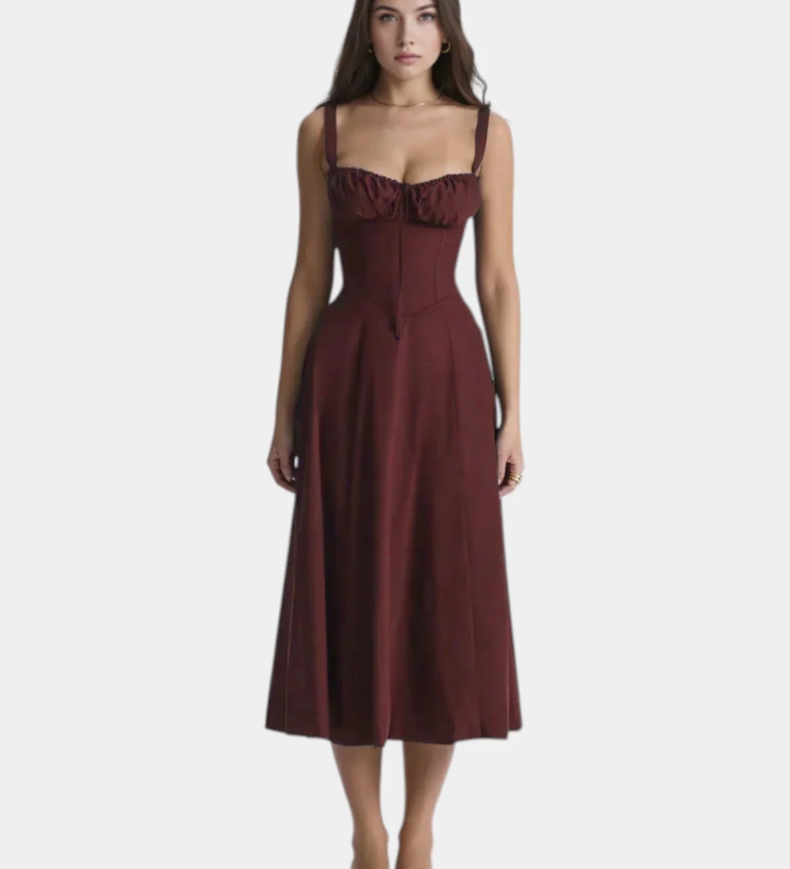 Marsala midi dress with spaghetti straps, ruffled bust detail, and full skirt