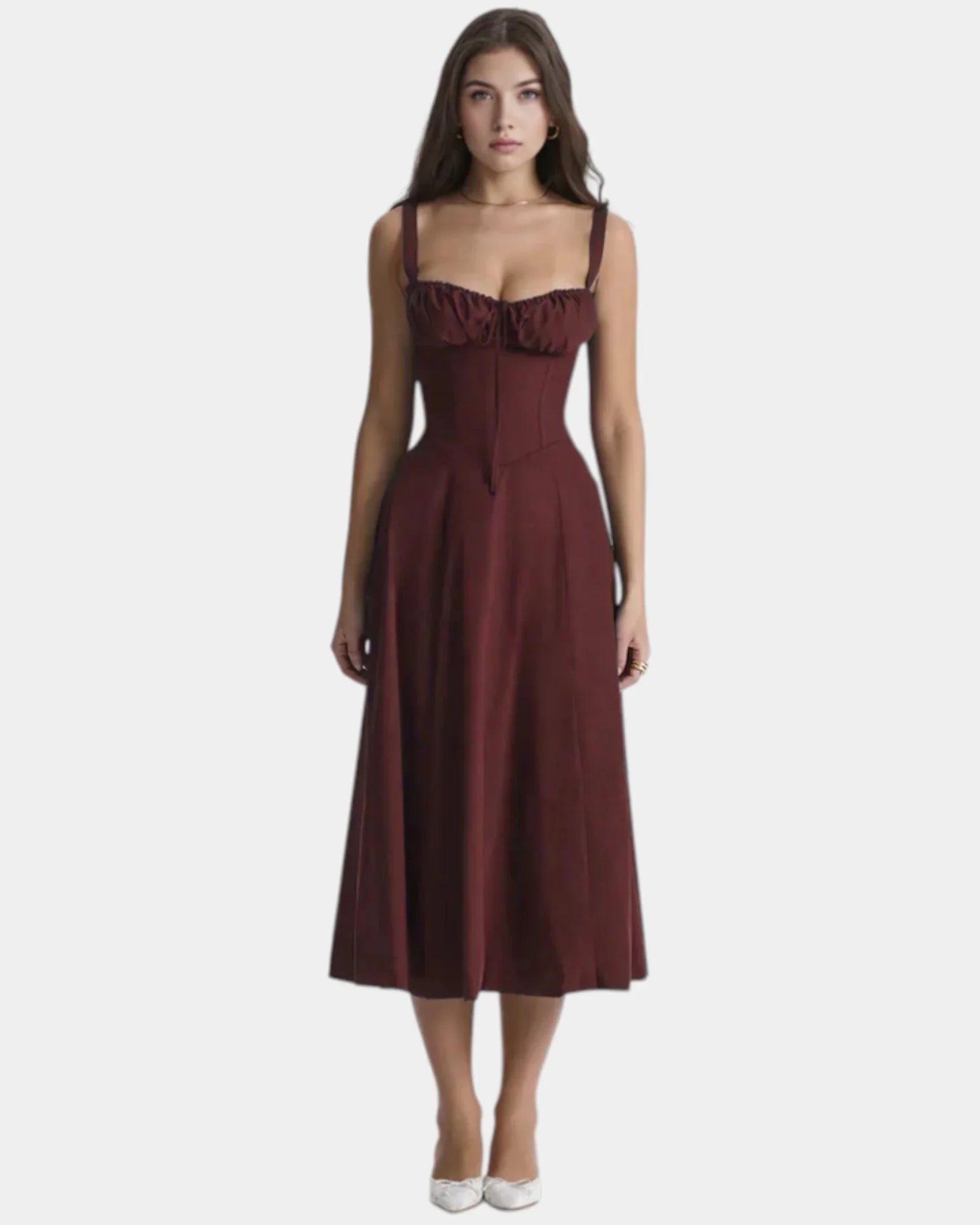 Marsala midi dress with spaghetti straps, ruffled bust detail, and full skirt