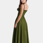 Olive green midi dress with spaghetti straps, square neckline, fitted bodice and full skirt
