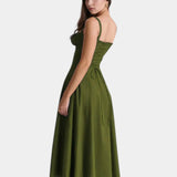 Olive green midi dress with spaghetti straps, square neckline, fitted bodice and full skirt
