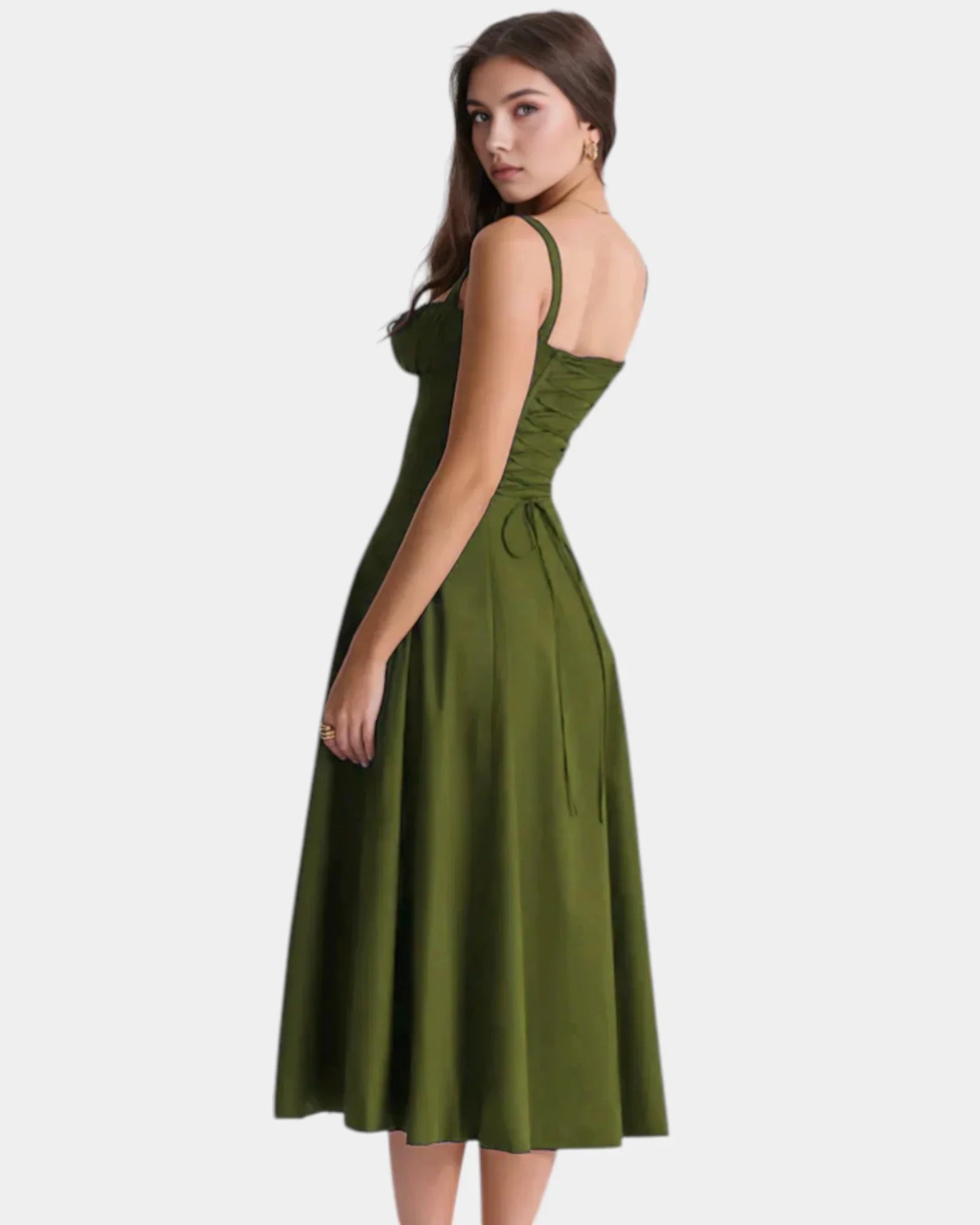 Olive green midi dress with spaghetti straps, square neckline, fitted bodice and full skirt