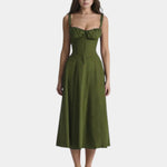 Olive green midi dress with spaghetti straps, gathered bust, and A-line full skirt