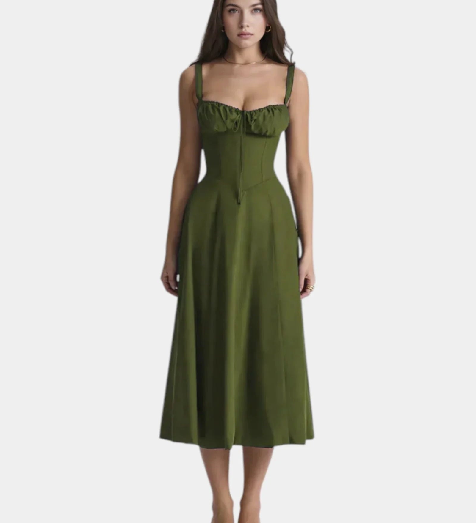 Olive green midi dress with spaghetti straps, gathered bust, and A-line full skirt