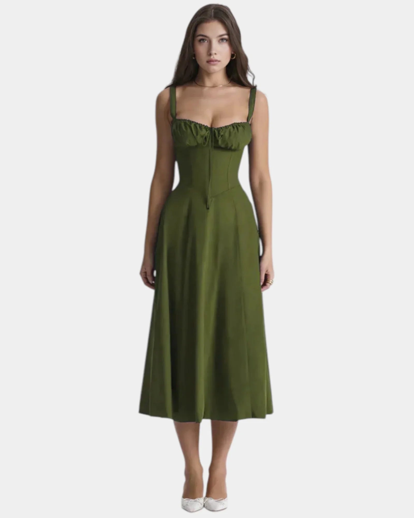 Olive green midi dress with spaghetti straps, gathered bust, and A-line full skirt