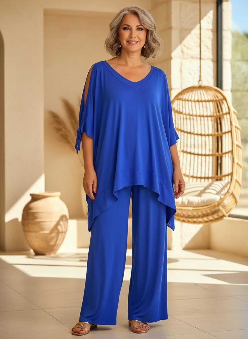 Blue V-neck draped tunic with tie sleeves and wide-leg pants set