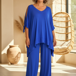 Blue V-neck draped tunic with tie sleeves and wide-leg pants set
