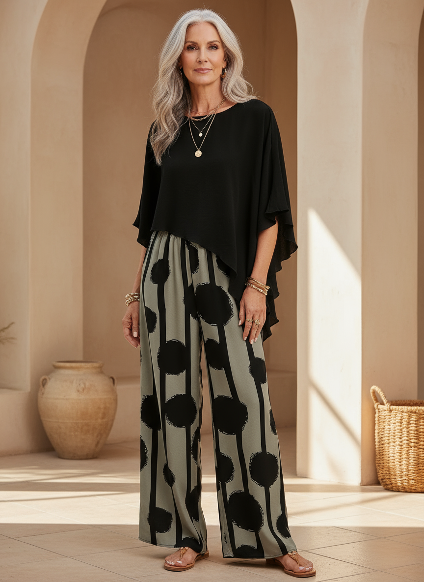 Black asymmetrical top with flutter sleeves and wide-leg boho pants in black-on-cream dot print