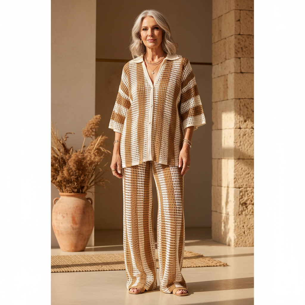 Crocheted kimono and pants set, caramel and white striped with open front