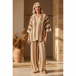 Crocheted kimono and pants set, caramel and white striped with open front