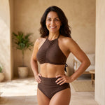 Women's dark brown halter bikini set, ruched triangle top with tie and matching briefs