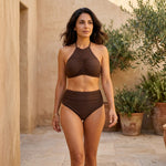 Women's halter ruched bikini set in dark brown, triangle top and high-waist bottoms