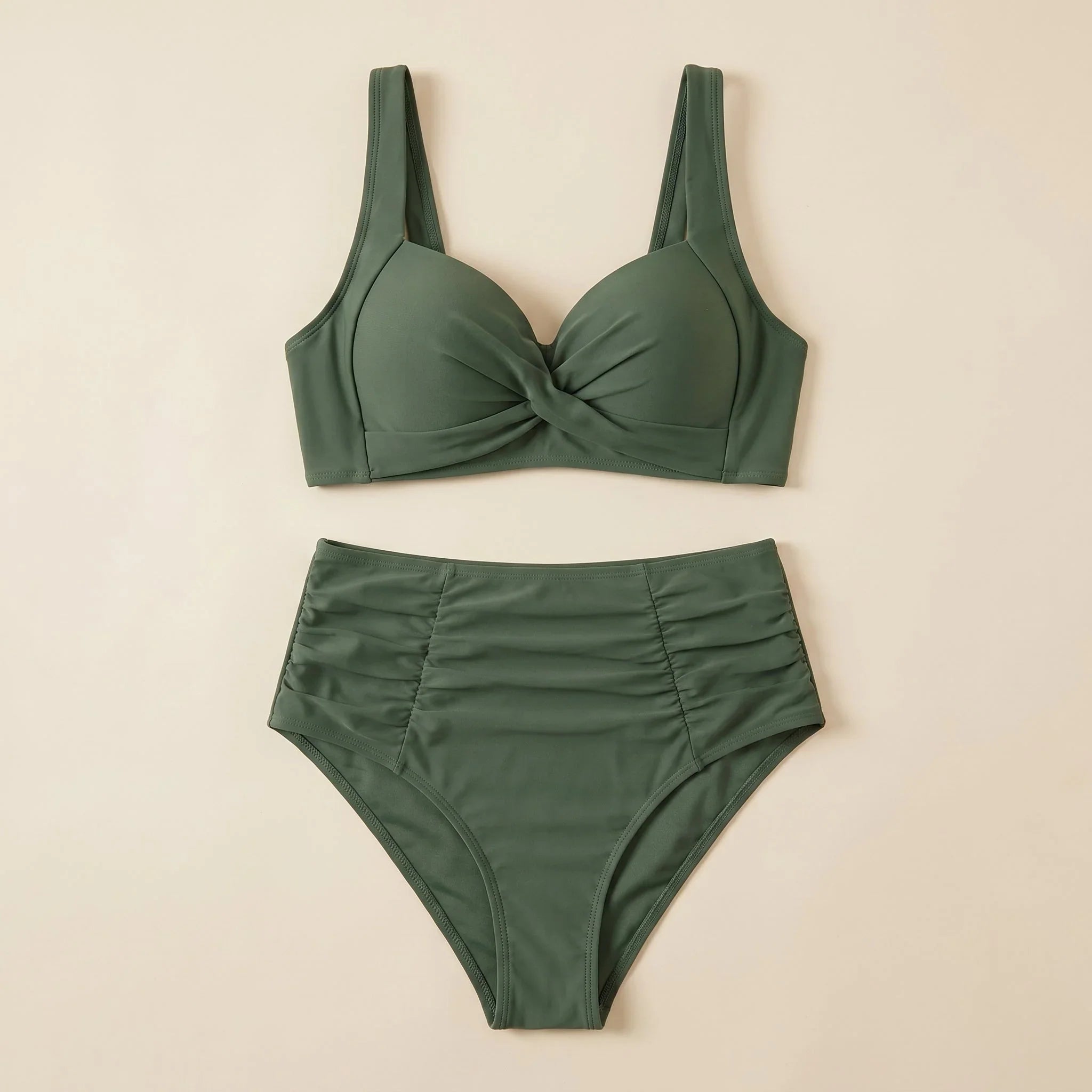 Women’s green bikini set: twist-front bra top with high-waisted swim bottoms
