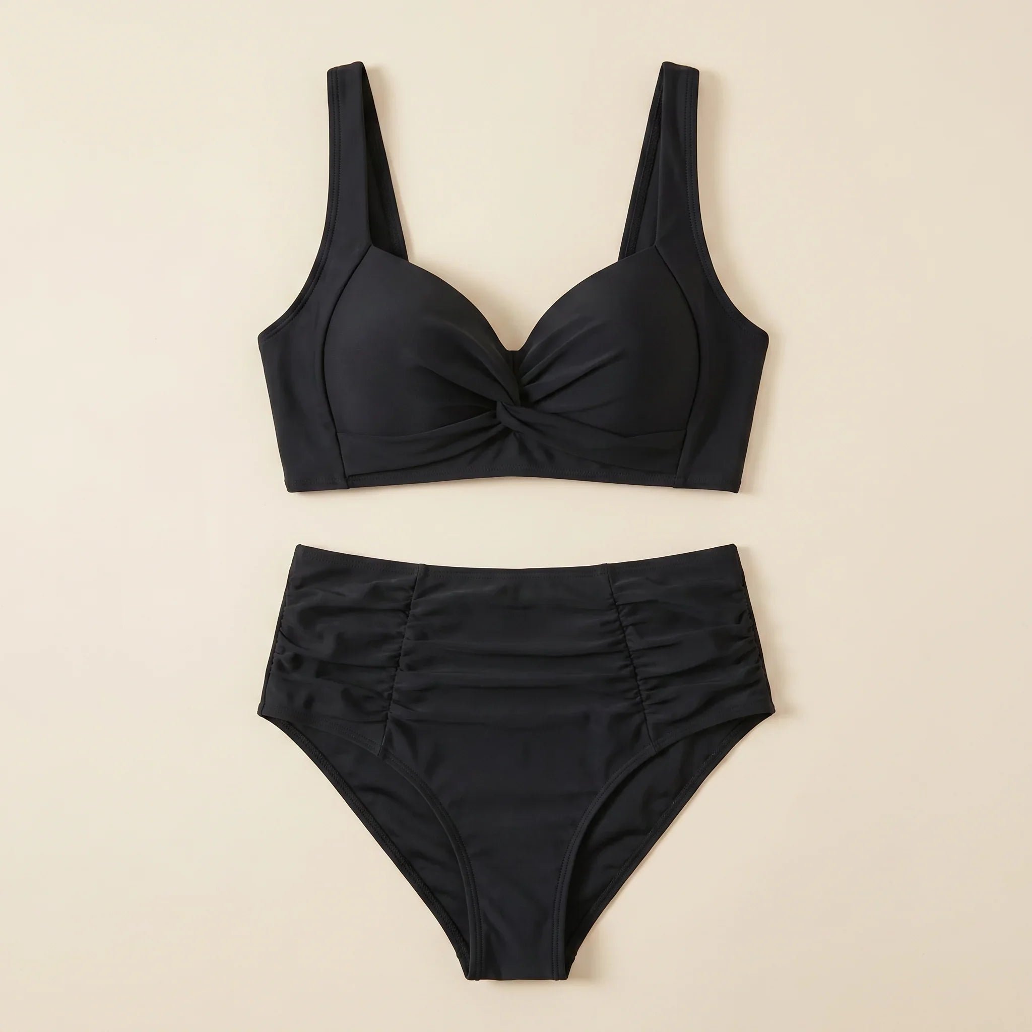 Women’s black bikini set: twist-front bra top with high-waisted swim bottoms