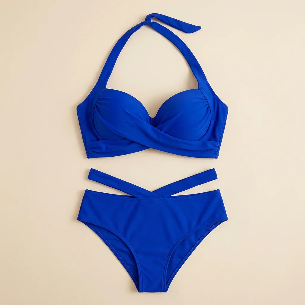 Royal blue bikini set with halter neckline bra top and high-cut briefs