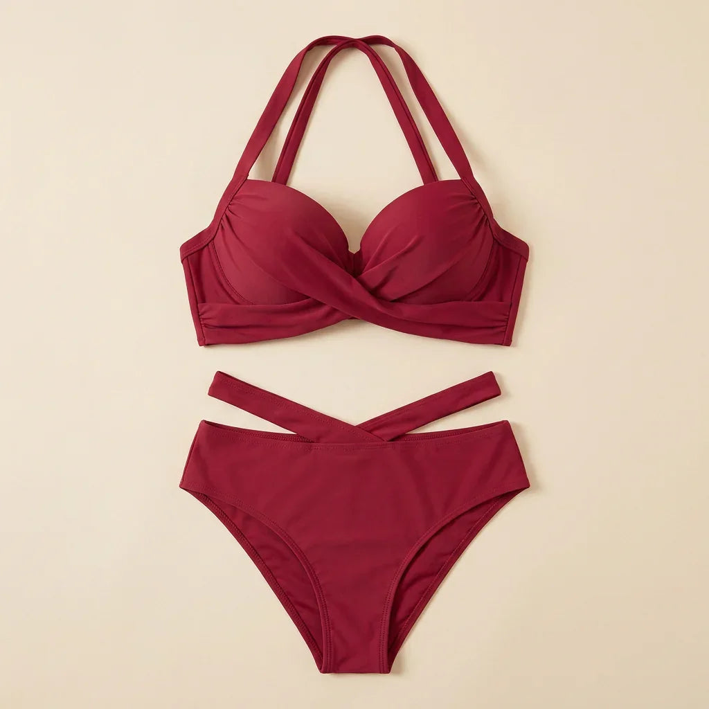 Red bikini set with knot-strap underwire bra top and high-rise hipster bottoms