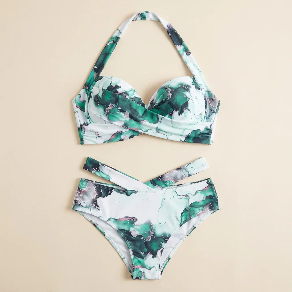 Floral green and white halter bikini swimsuit with underwire bra and high-cut briefs
