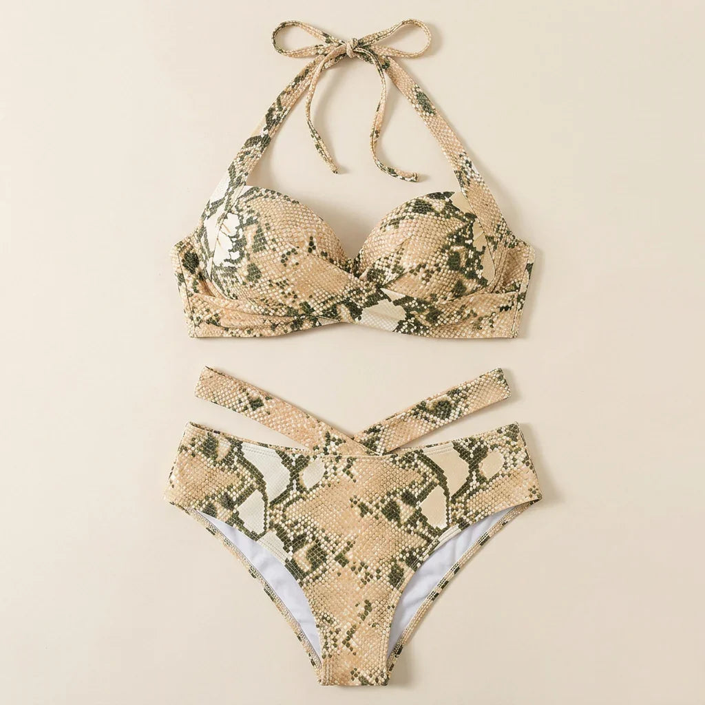 Gold snakeskin print bikini set with tie halter top and high-cut hipster bottoms