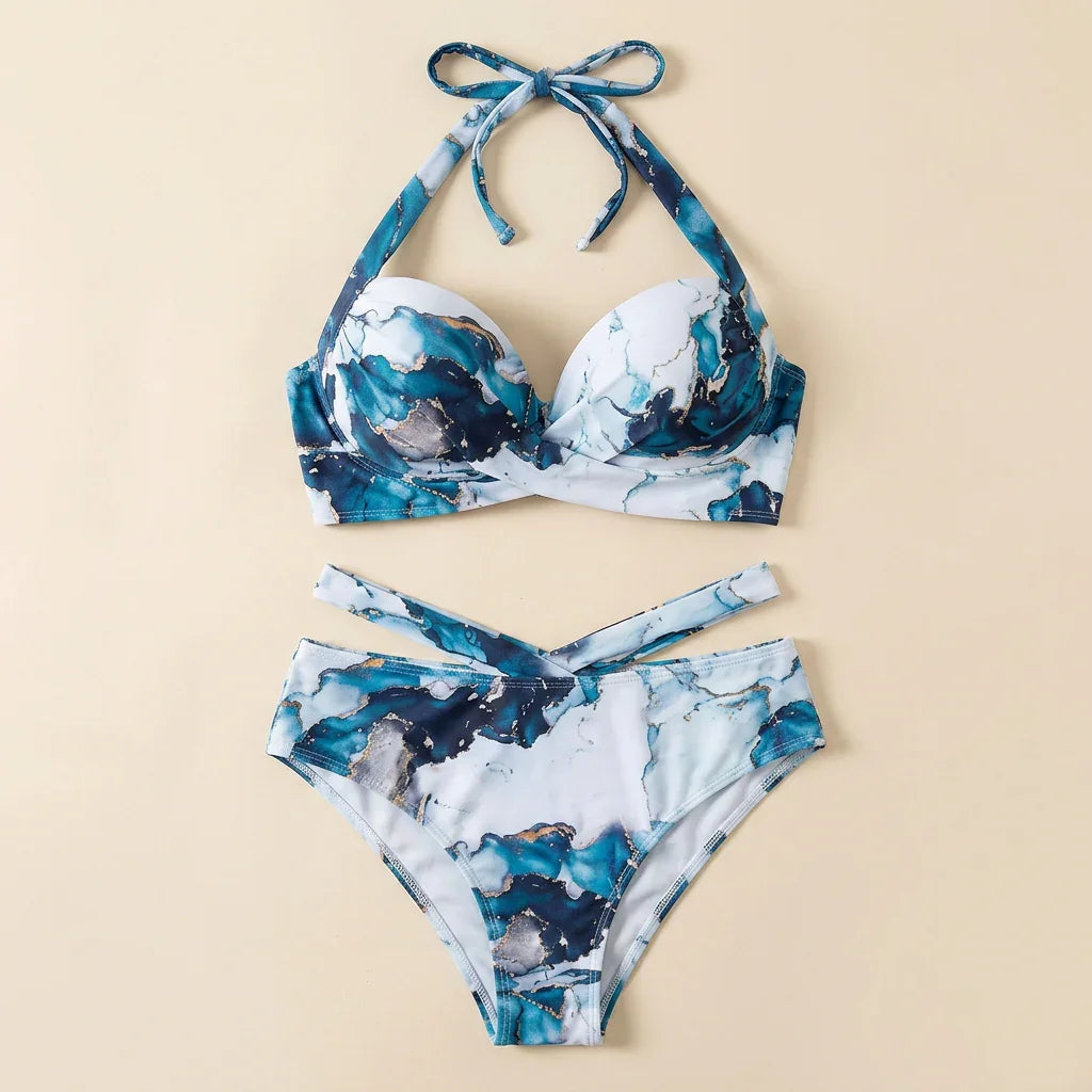 Blue-and-white marble print bikini set with tie halter top and high-cut bottoms