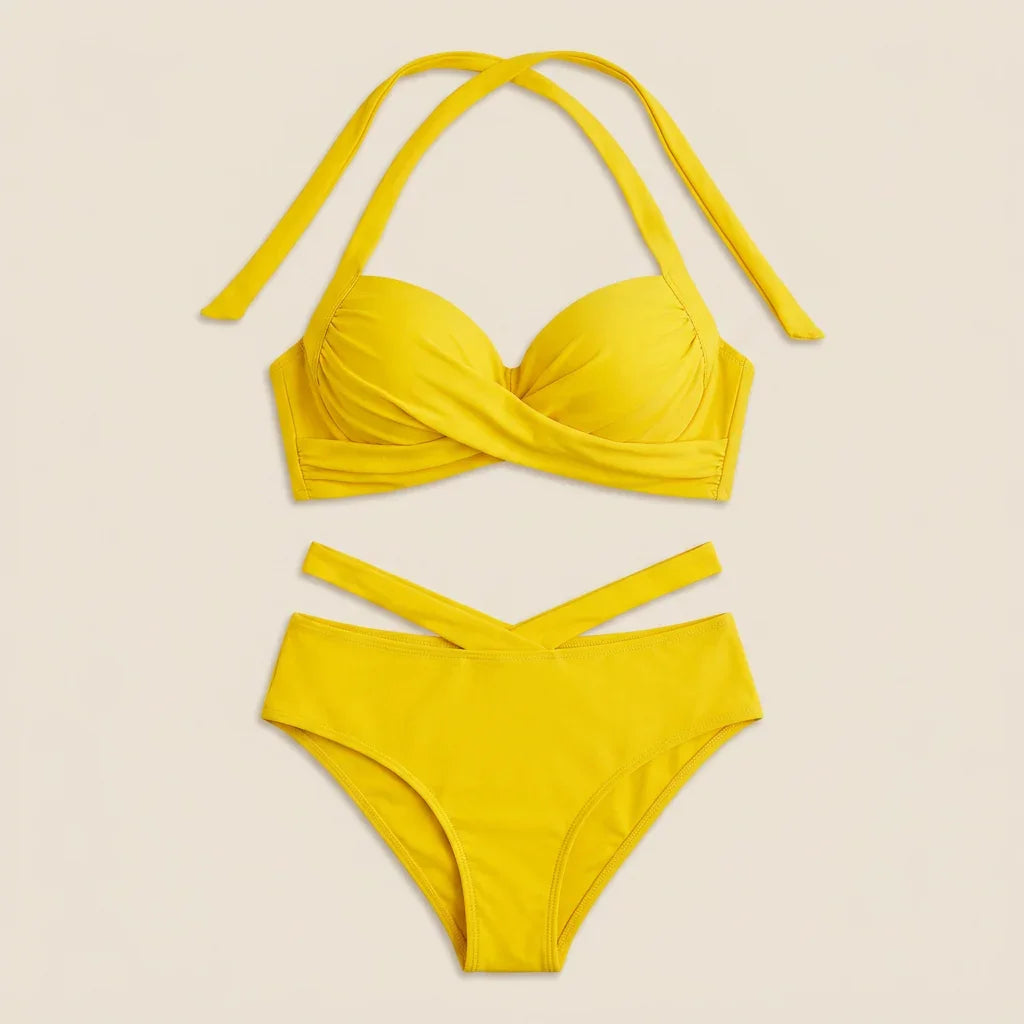 Yellow bikini set with tie halter underwire top and strappy high-cut bottoms