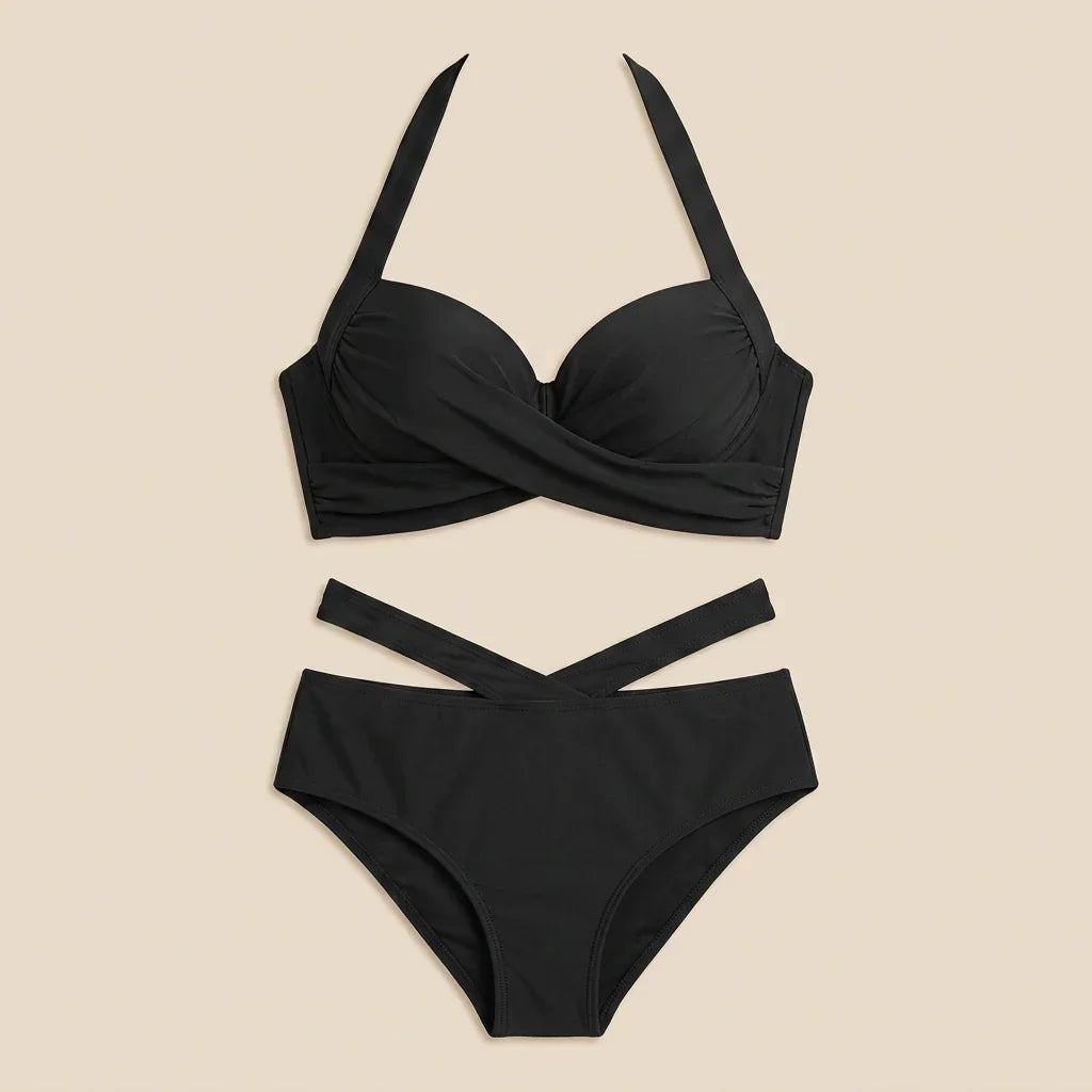 Black bikini set with underwire balconette top and strappy high-cut bottoms
