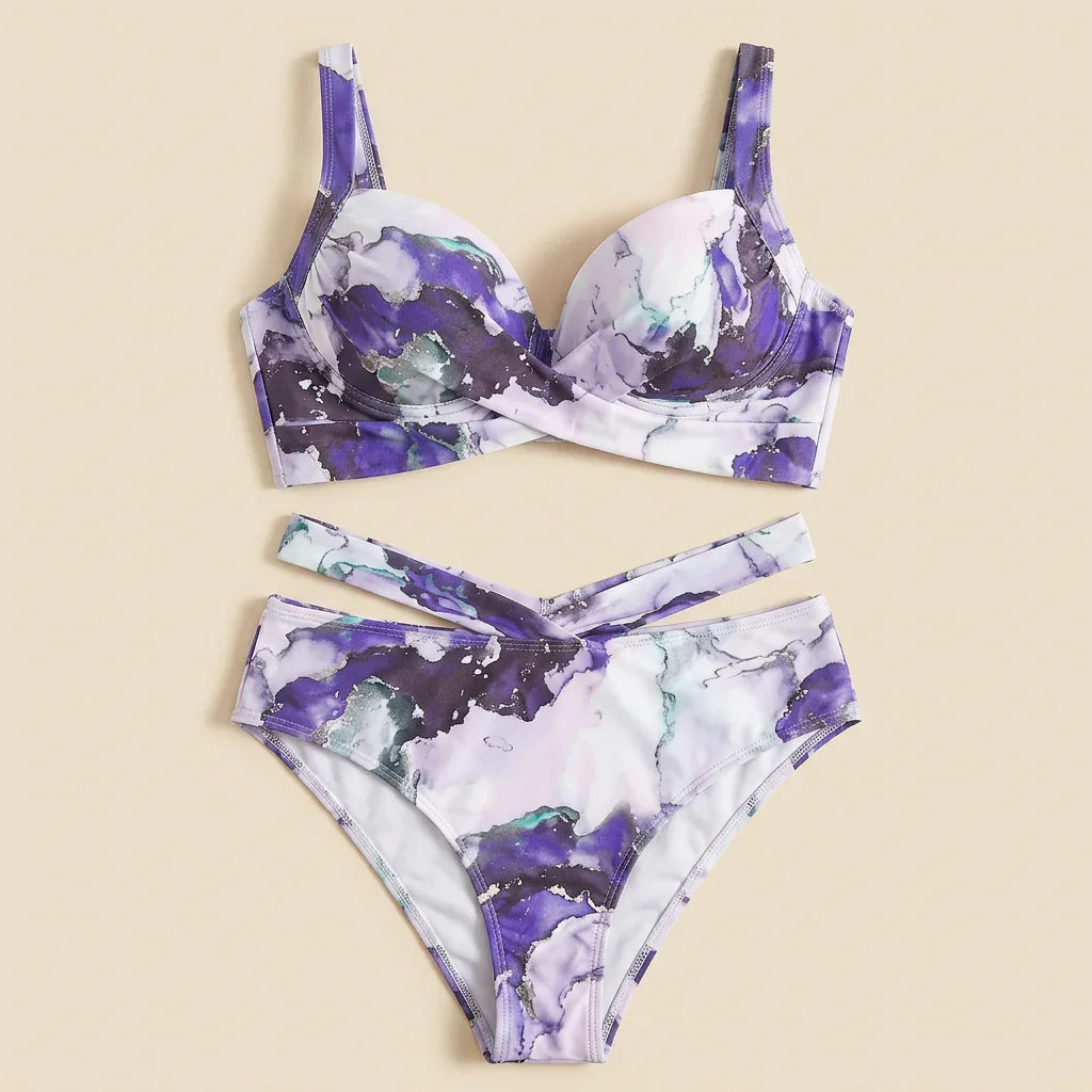 Purple watercolor print bikini set with underwire balconette top and high-cut briefs