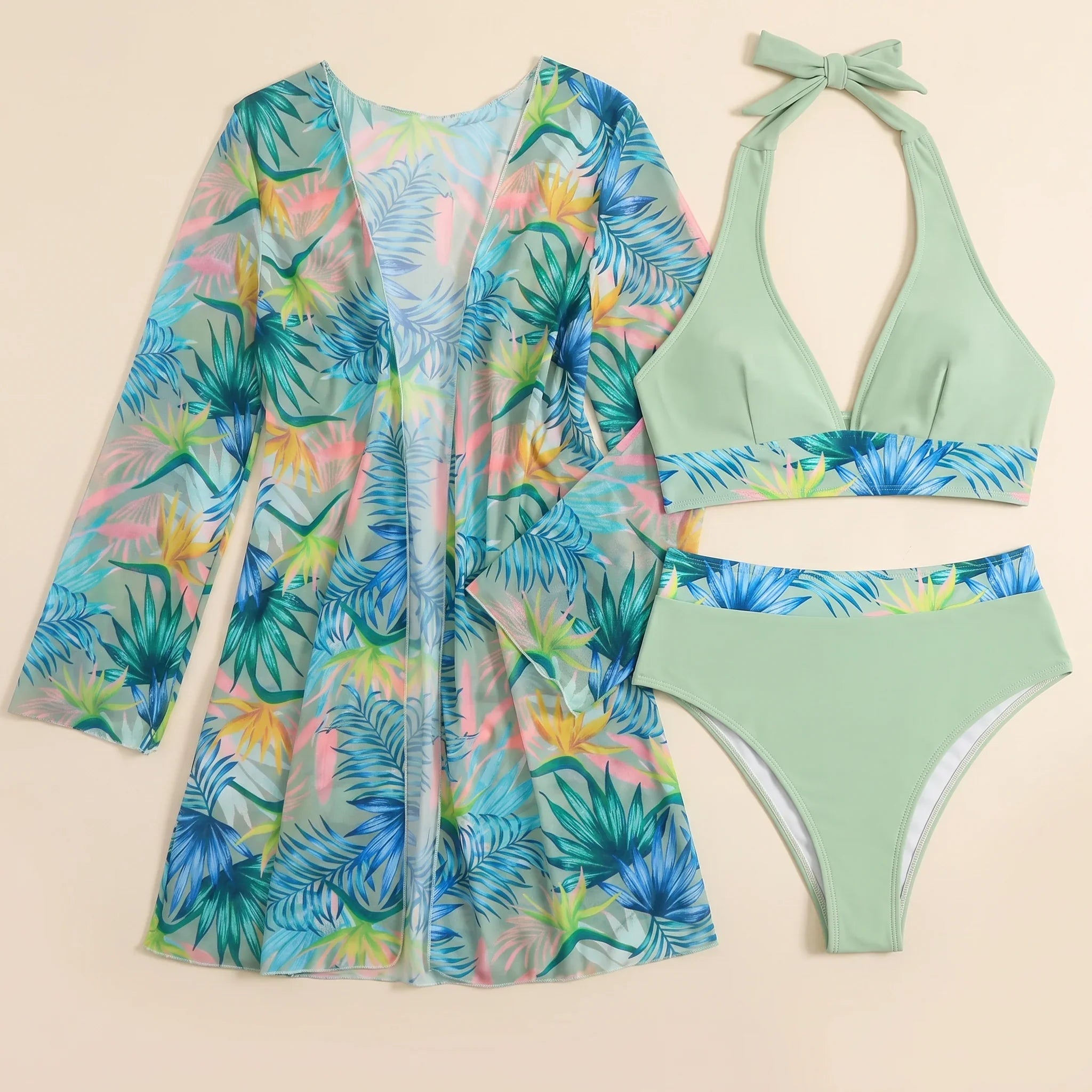 Mint green tropical swim set with tie-back triangle bikini and long floral cover-up