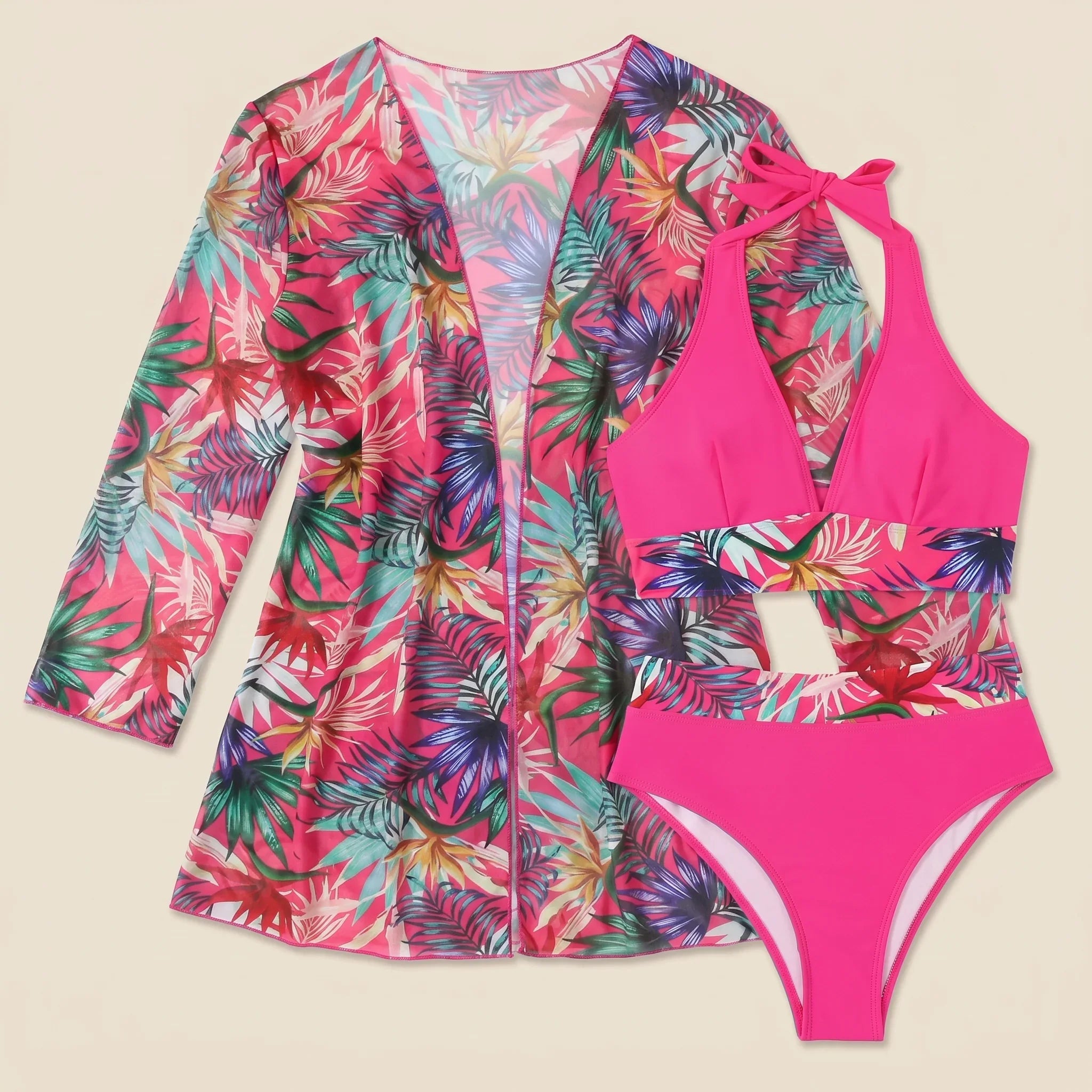Hot pink tropical swim set with bow-strap bikini and long floral cover-up