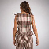Gingham Peplum Top | Brown and Cream Sleeveless