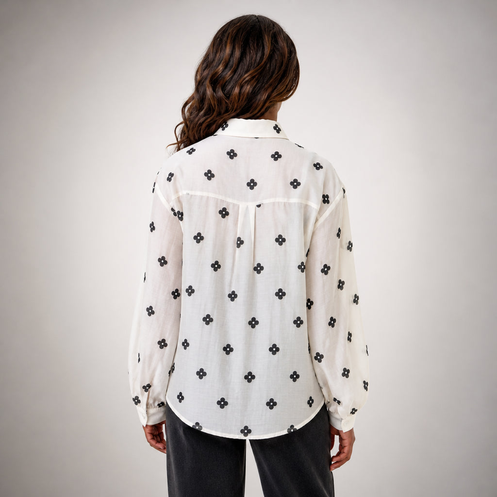 Cream Shirt with Black Floral Embroidery