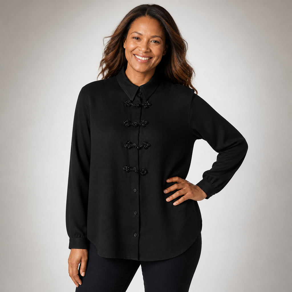 Black Shirt with Beaded Knot Closure