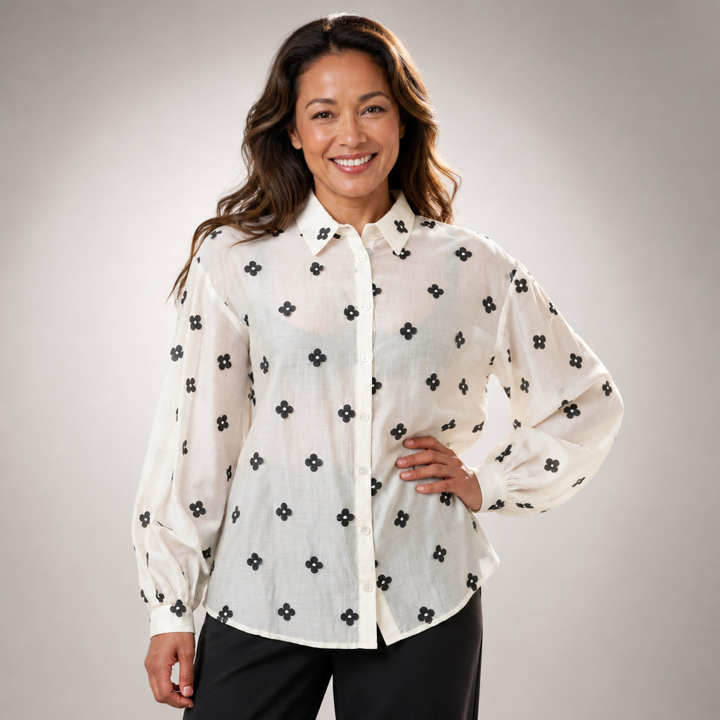 Cream Shirt with Black Floral Embroidery