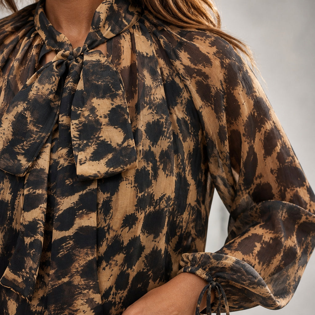 Leopard Print Blouse with Tie Neckline