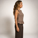 Gingham Peplum Top | Brown and Cream Sleeveless