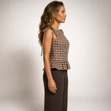Gingham Peplum Top | Brown and Cream Sleeveless