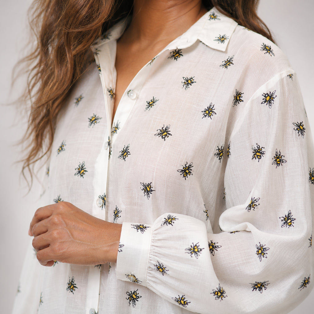 Embroidered Bee Shirt with Puffed Sleeves