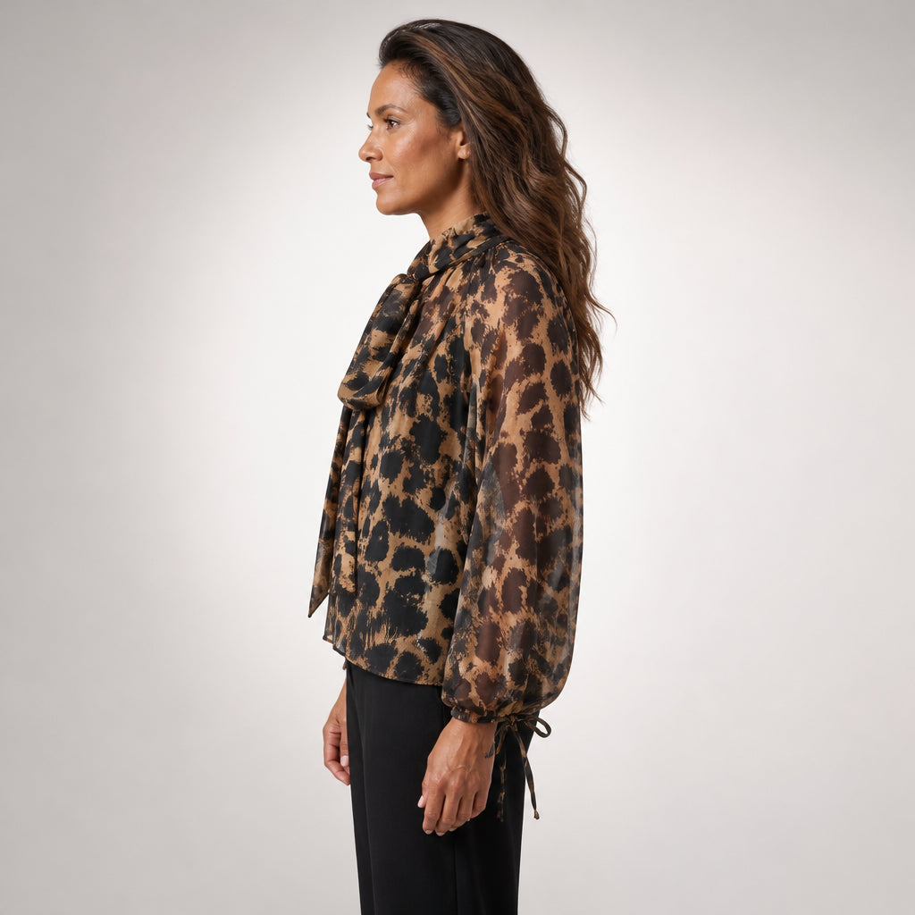 Leopard Print Blouse with Tie Neckline