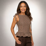 Gingham Peplum Top | Brown and Cream Sleeveless