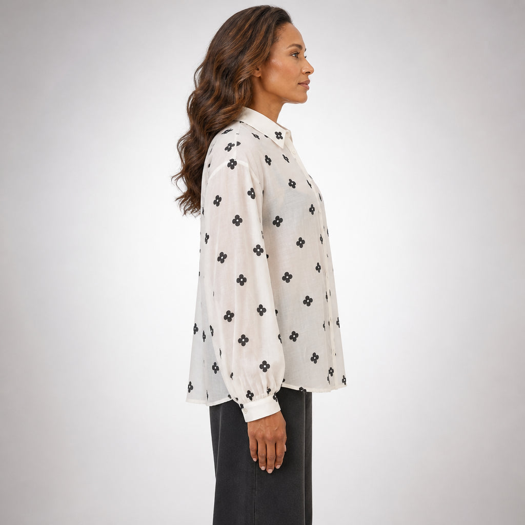 Cream Shirt with Black Floral Embroidery