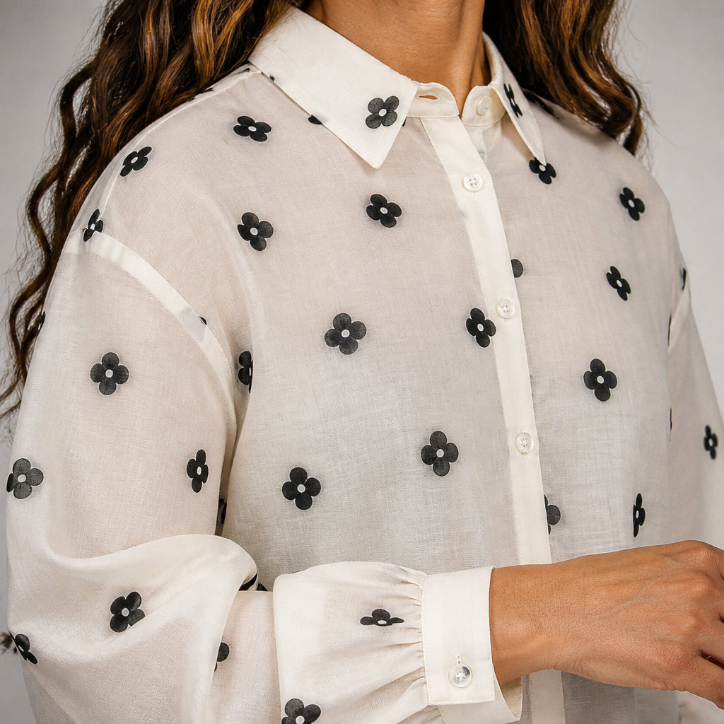 Cream Shirt with Black Floral Embroidery