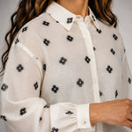 Cream Shirt with Black Floral Embroidery