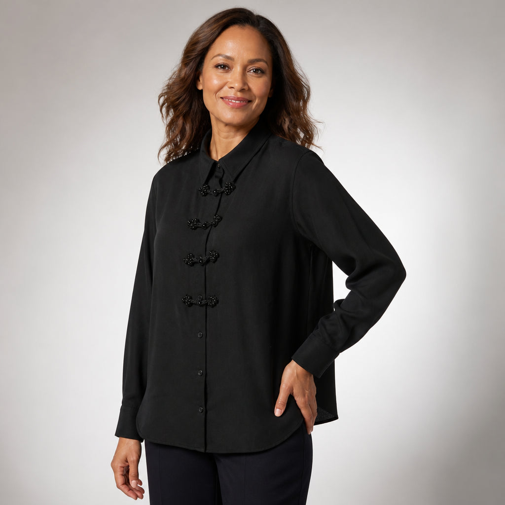 Black Shirt with Beaded Knot Closure