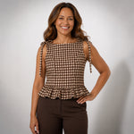 Gingham Peplum Top | Brown and Cream Sleeveless