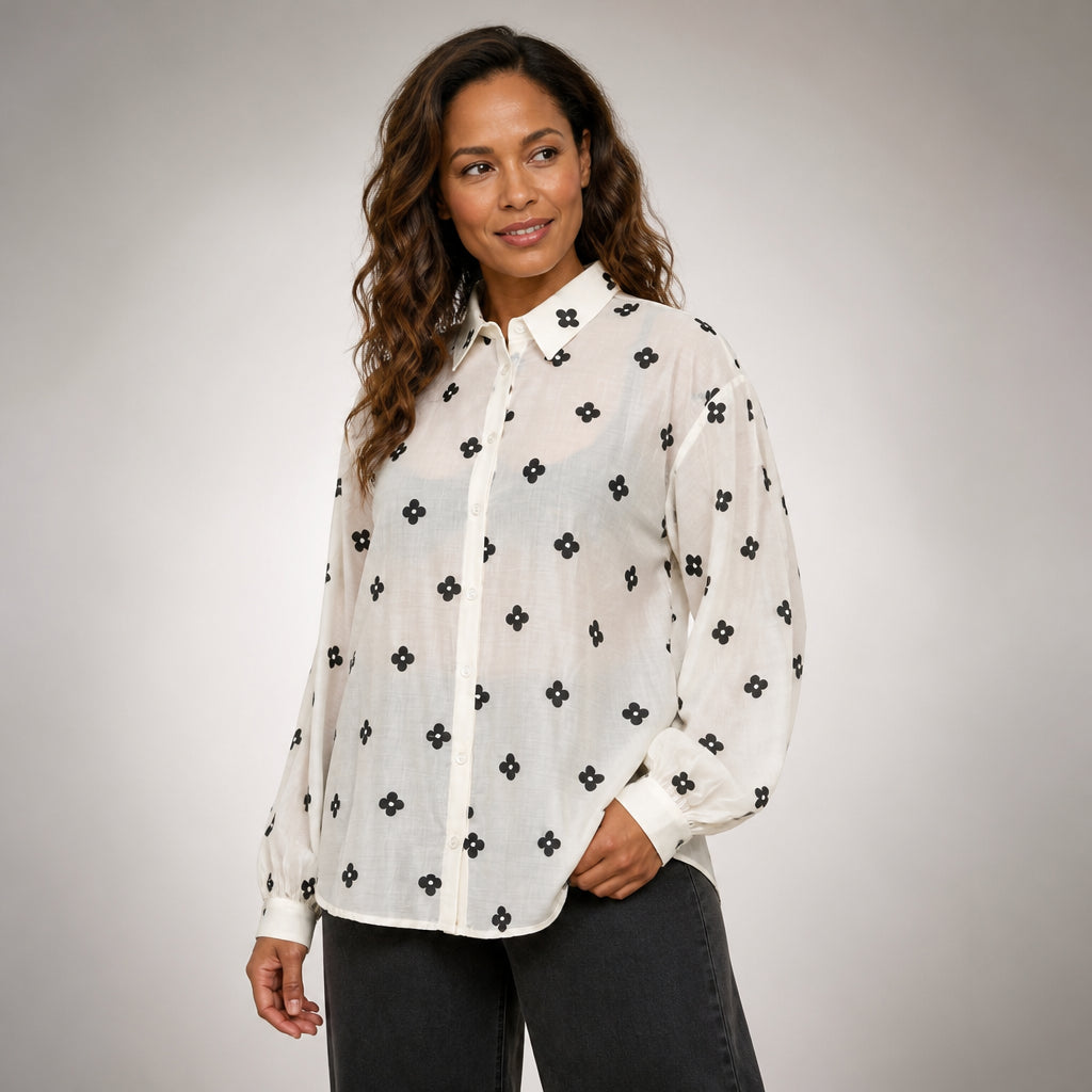 Cream Shirt with Black Floral Embroidery
