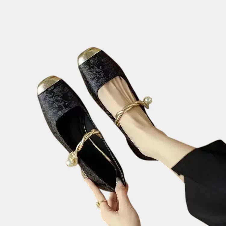 Black Mary Jane dance shoes with low heel and gold ankle strap