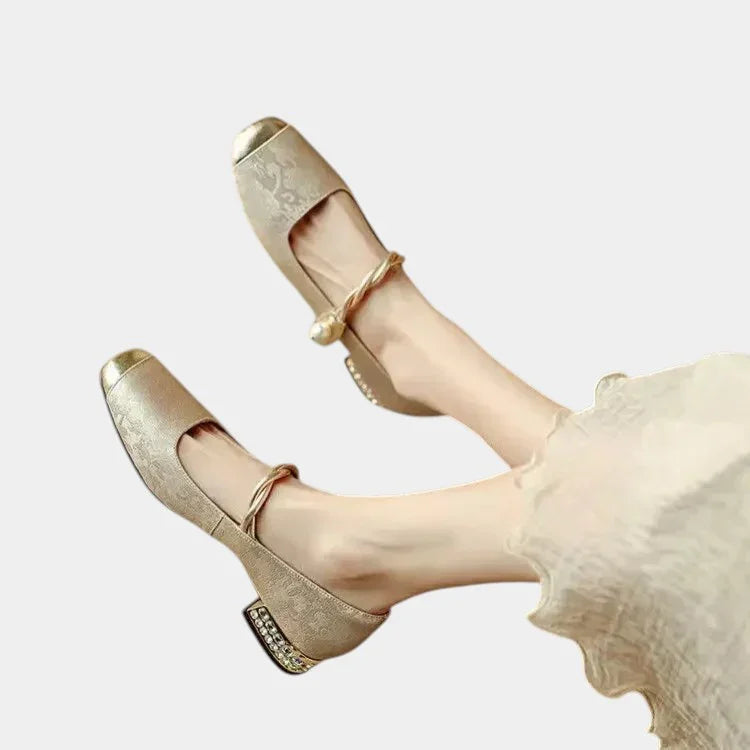 Gold-beige Mary Jane dance shoes with low heel and decorative ankle strap