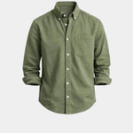 Olive-green casual button-up shirt with button front and chest pocket