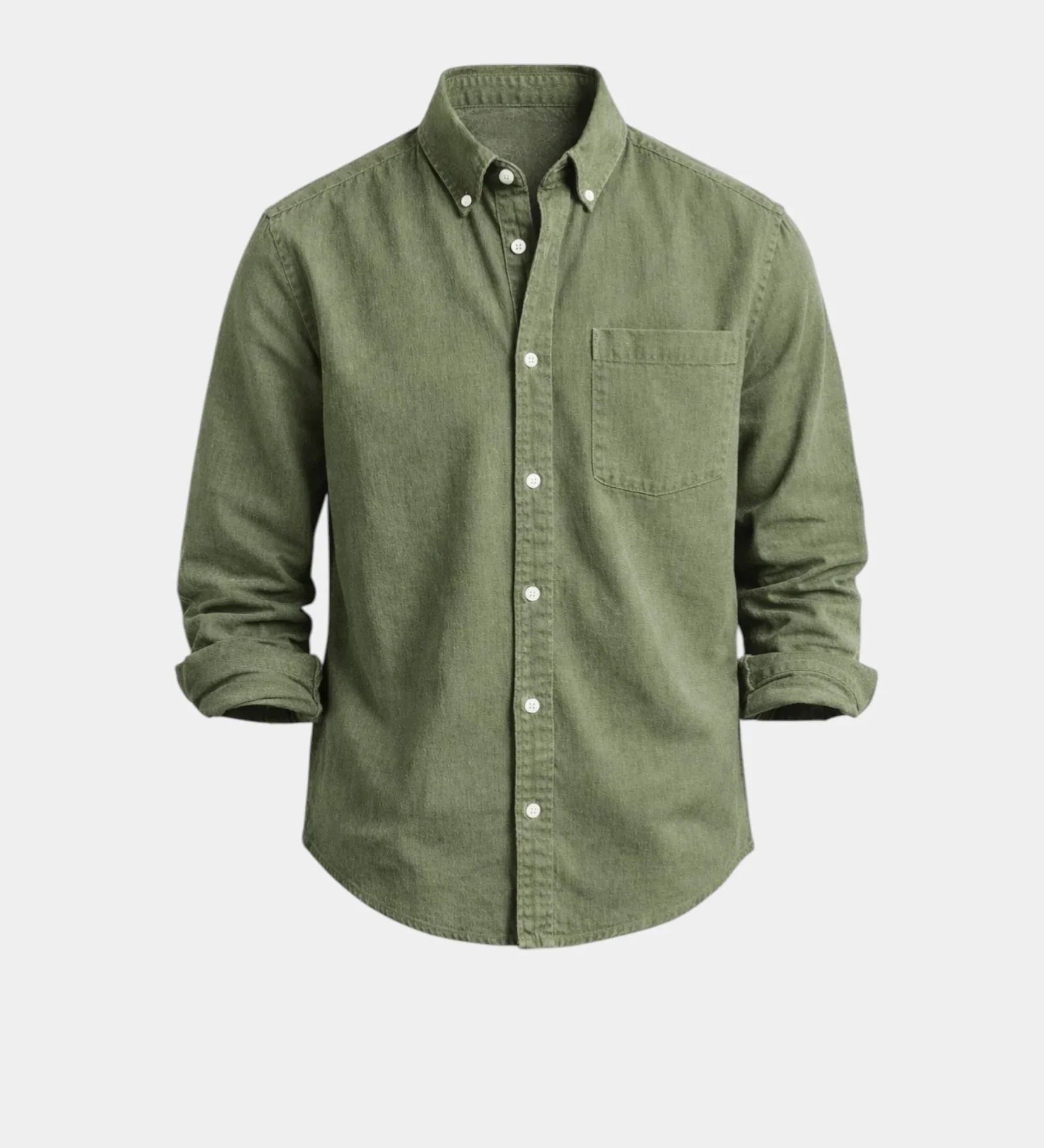 Olive-green casual button-up shirt with button front and chest pocket