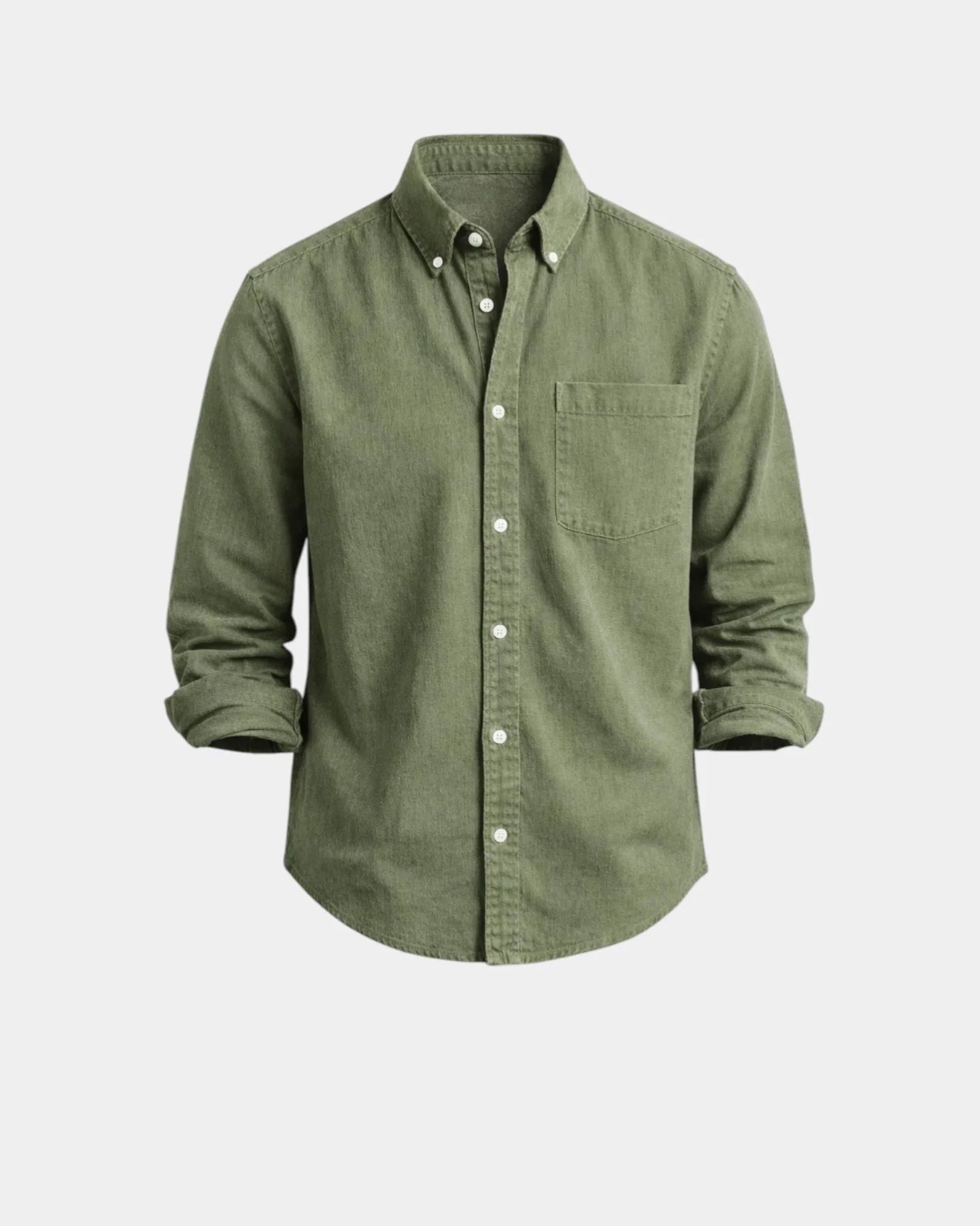 Olive-green casual button-up shirt with button front and chest pocket