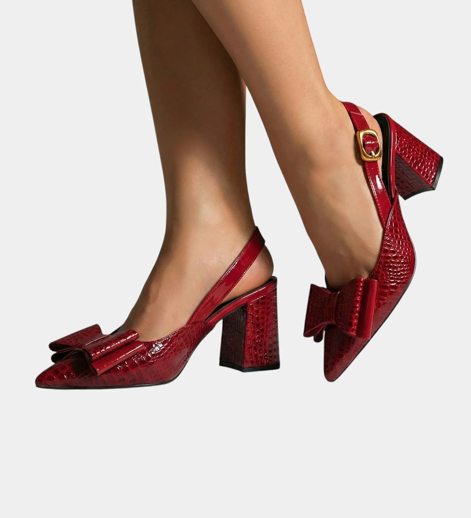 Wine red textured heeled pumps with bow detail, mid block heel