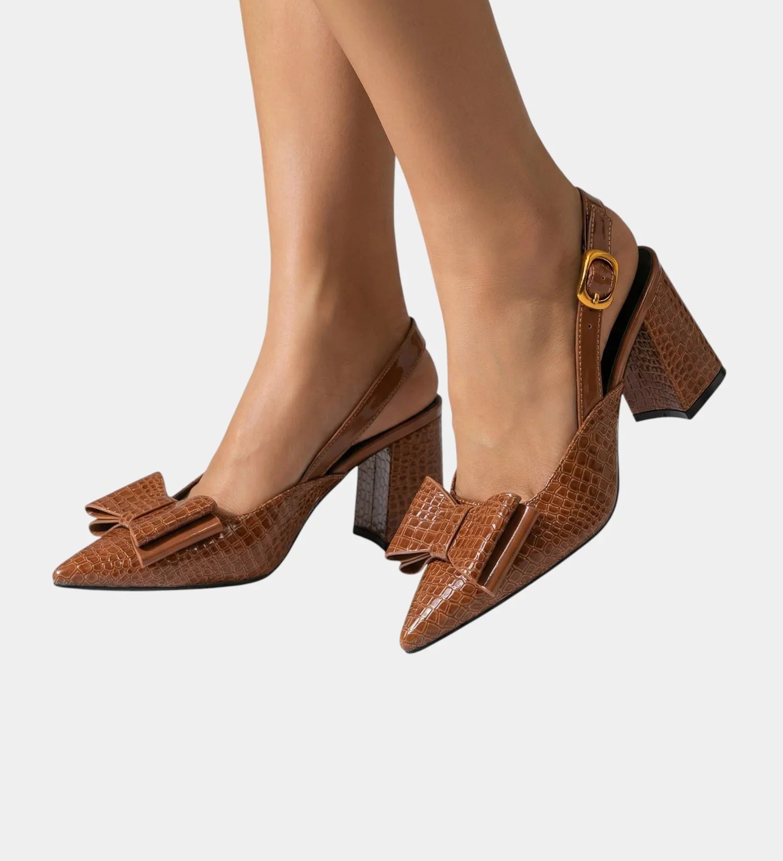 Chestnut brown textured heeled pumps with bow detail and block heel